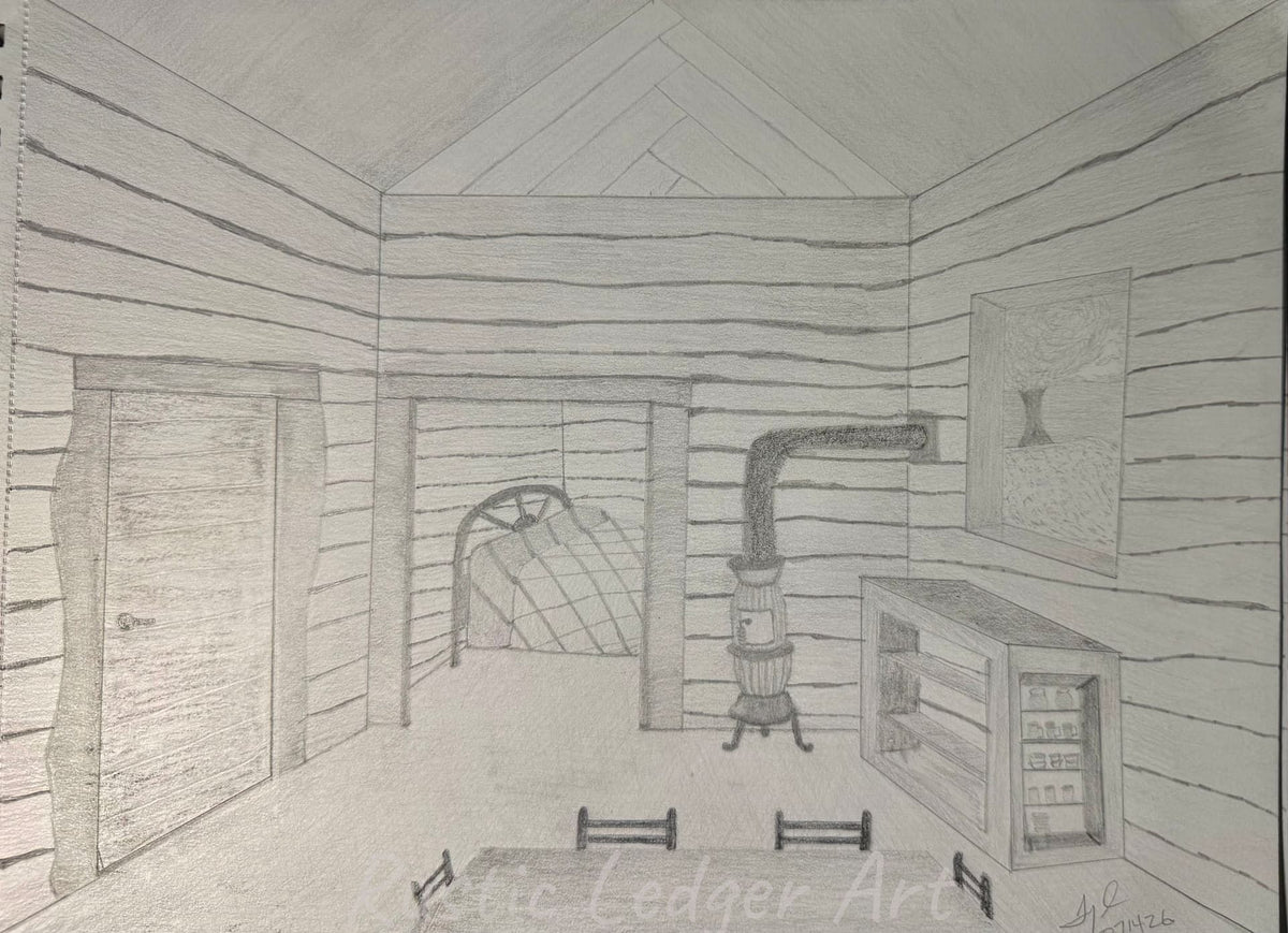 The Homestead Hearth - pencil drawing of a log cabin interior with pot-belly stove