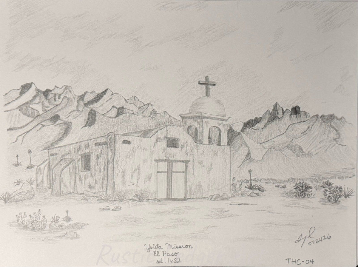 Pencil drawing of Ysleta Mission in El Paso, Texas