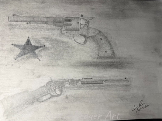 Law of the Lone Star - pencil drawing of a sheriff's star, Colt revolver and Winchester rifle