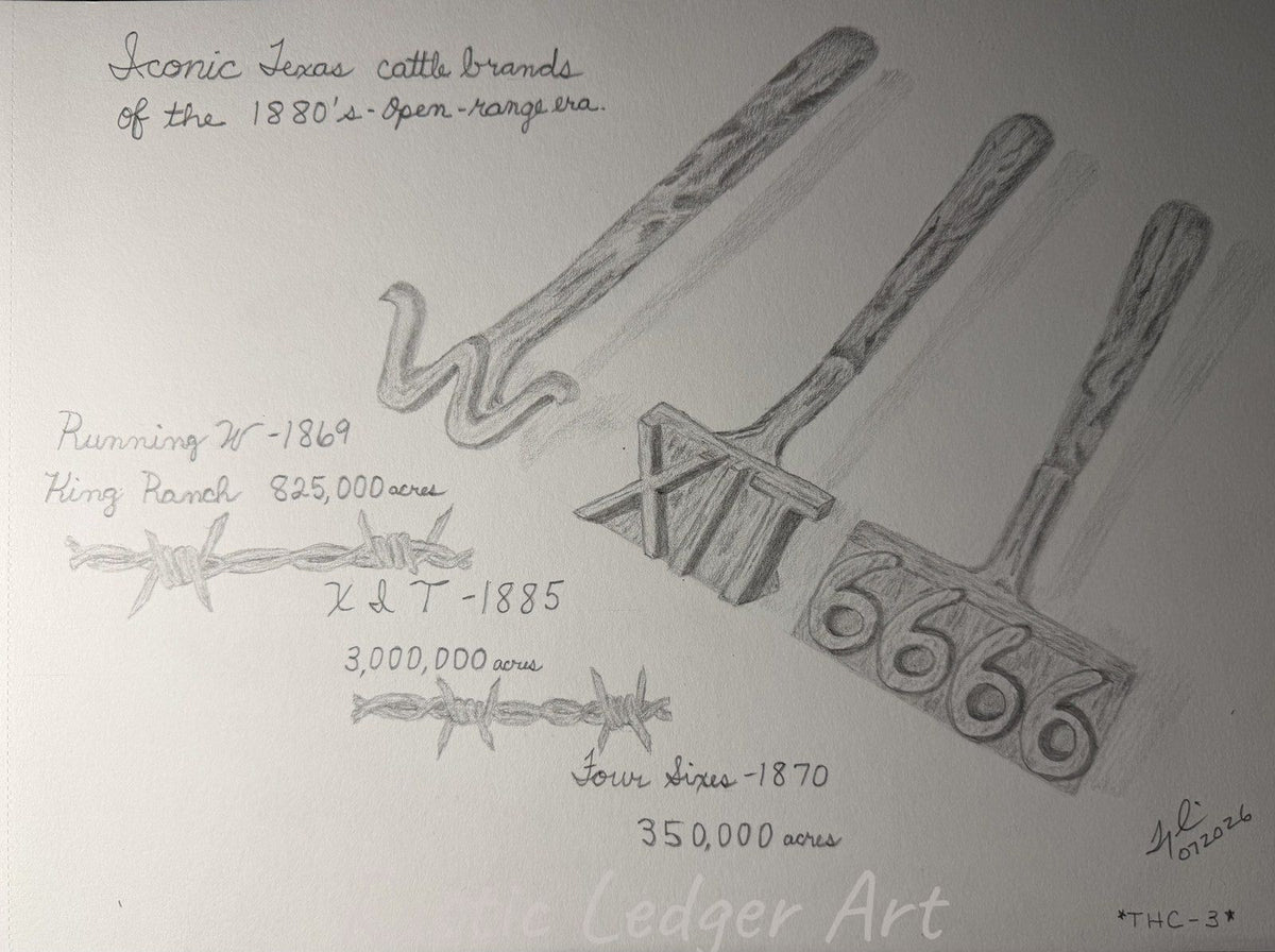 Pencil drawing of iconic Texas cattle brands and branding irons