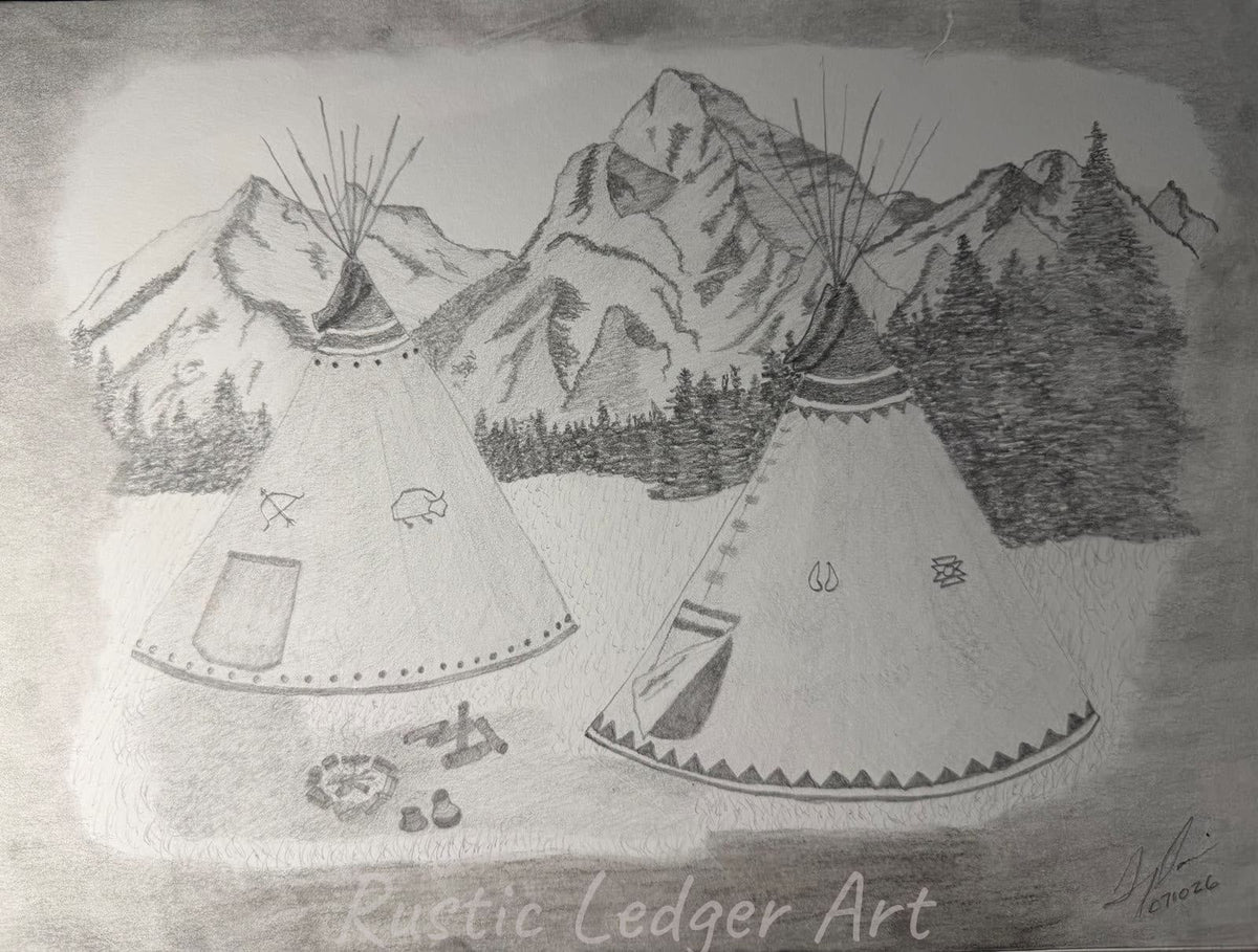 Teepee Camp at Dawn original graphite pencil drawing of a mountain camp